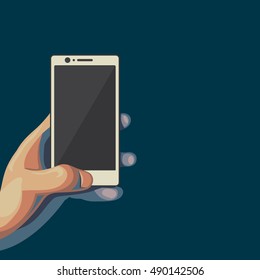 Smartphone in hand. Isolated flat style illustration on dark background. Male hand holds the white telephone.
