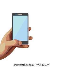 Smartphone in hand. Isolated flat style illustration on a white background. Male hand holds the black telephone.