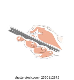 Smartphone in hand, isolated vector drawing illustration. Technology, digital communication. Close up of hand holding modern smart phone isolated on white