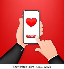 Smartphone hand love. Social network concept. Hand holding mobile phone. Like icon. Mobile internet, social media. Vector stock illustration.
