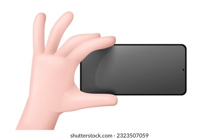 Smartphone in the hand making selfie. Mobile device smart phone template with turned off black screen display. Realistic of modern technologies and devices. Vector illustration