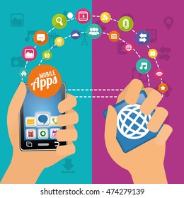smartphone hand mobile apps application online icon set. Colorful and flat design. Vector illustration