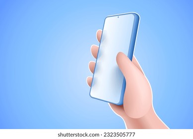 Smartphone in the hand. Mobile device smart phone template with white screen display. Realistic of modern technologies and devices. On Blue background. Vector illustration