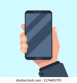 Smartphone in hand. Mobile phone holding in businessman hands. Smart cellphone digital display device showing in arm gadget template for present app flat vector illustration