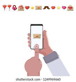 Smartphone hand. Modern flat illustration with smartphone hand on white background. Mobile phone. Smartphone icon vector illustration.