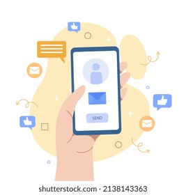 Smartphone en mano. Tecnologías modernas y mundo digital, redes sociales y comunicación en Internet. Charlas y mensajeros. Correo electrónico y promoción de mensajes. Dibujo vectorial plano de dibujos animados