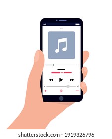 Smartphone in hand with music player. Music app concept. Vector flat illustration