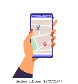 Smartphone in hand. Navigation, route. Vector illustration, simple cartoon style.