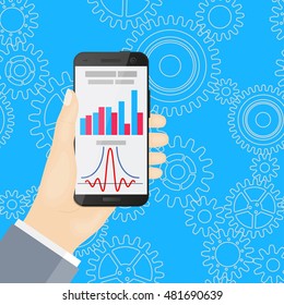 Smartphone in hand on blue background with gear wheels. Flat design. Infographic.