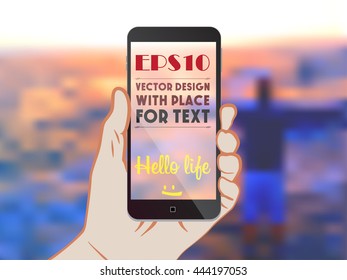 Smartphone in hand on nature background with place for text. Vector poster.