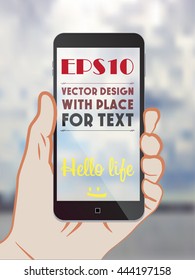 Smartphone in hand on nature background with place for text. Vector poster.