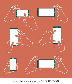 Smartphone in hand on a red background. Hand holding smartphone. Set of vector icons