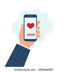 SMARTPHONE IN HAND ON THE SCREEN WITH A HEART FOR SAINT VALENTINE'S DAY EPS 10