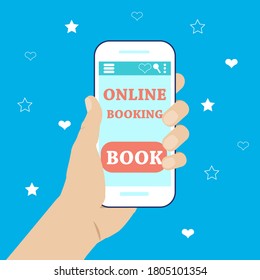 Smartphone in hand. Online booking. Vector flat illustration