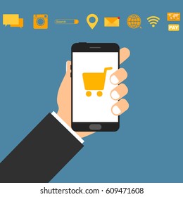 Smartphone in hand. online function
