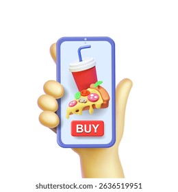 Smartphone in hand for online shopping. Order pizza, buying online food with mobile phone, fast food delivery. 3d vector icon isolated
