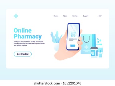 Smartphone in hand ordering medicine through a mobile app. Online pharmacy abstract vector illustration. Flat elements of pills and medical supplies