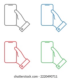 smartphone in hand outline template icon isolated on white background