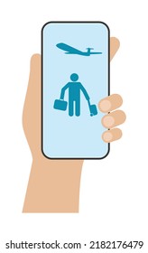 Smartphone in hand with passenger tourist and plane icon isolated on white background