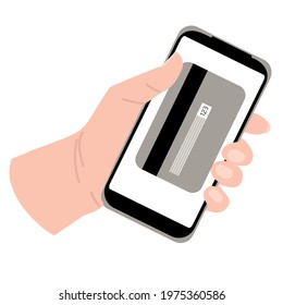 Smartphone in hand. Payment by credit card by phone, template for a real application. Flat style, vector illustration. Isolated on a white background.