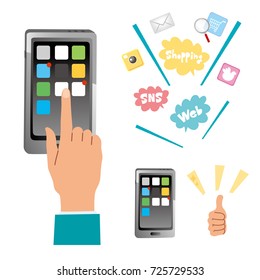 smartphone in hand. Phone electronic device with touchscreen. Vector illustration in flat style