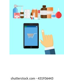 Smartphone with hand, pills, potions, vials, syringes, syringe against a bright background, the concept of online pharmacy, vector illustration in flat style