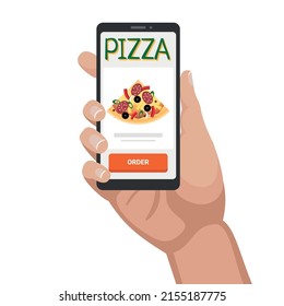Smartphone in hand with pizza ordering app. Online food delivery. Vector stock illustration.