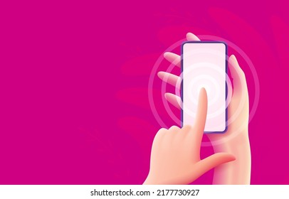 smartphone in hand, pressing the touchscreen, web banner. Vector illustration