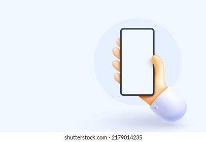 smartphone in hand, pressing the touchscreen, web banner. Vector illustration