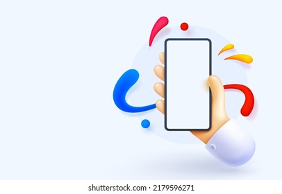 smartphone in hand, pressing the touchscreen, web banner. Vector illustration