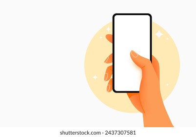 Smartphone in hand, pressing the touchscreen, web banner. Vector illustration