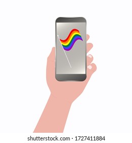 Smartphone in hand - Rainbow Pride flag of the LGBT movement - colorful illustration - vector. Gay Pride. LGBT concept.