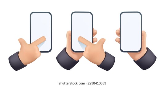 Smartphone con caricatura 3D realista. Mano sosteniendo un teléfono inteligente móvil. Moderna burla. Icono de diseño vectorial de representación 3D. Ilustración vectorial. Mockup de diseño de aplicaciones móviles, web con capacidad de respuesta moderna