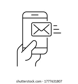 Smartphone in hand with received email on white background