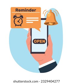 Smartphone con recordatorio de un evento importante. Llamada amarilla, despertador, aplicación de notificación. Pantalla del teléfono móvil. Mensaje web. Concepto de vector aislado plano de dibujos animados