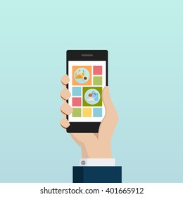 Smartphone in hand with responsive website, vector