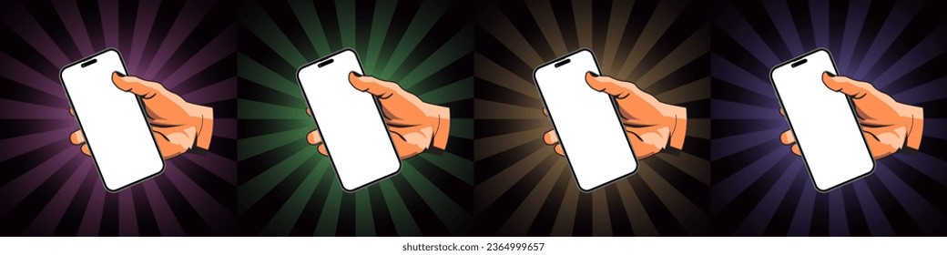 Smartphone in hand. Retro comic pop art hand holding a smart phone with empty screen and radial beam stripes background. Vector illustration.