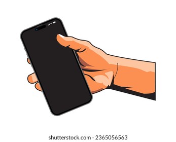 Smartphone in hand. Retro comic pop art hand holding a smart phone with empty screen. Vector illustration.