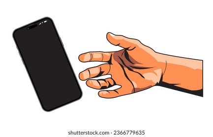 Smartphone and hand. Retro comic pop art hand holding a smart phone with empty screen. Vector illustration.