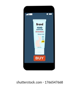 Smartphone with Hand sanitizer and buy button on the screen.  Contactless online purchase of goods using your phone.  Diseases prevention. Home deliVery.