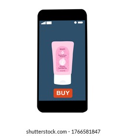 Smartphone with Hand sanitizer and buy button on the screen.  Contactless online purchase of goods using your phone.  Diseases prevention. Home deliVery.