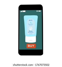 Smartphone with Hand sanitizer and buy button on the screen.  Contactless online purchase of goods using your phone.  Diseases prevention. Home deliVery.