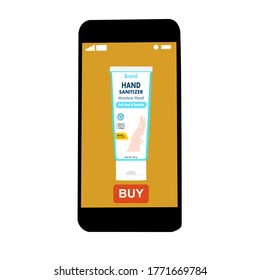Smartphone with Hand sanitizer and buy button on the screen.  Contactless online purchase of goods using your phone.  Diseases prevention. Home deliVery.
