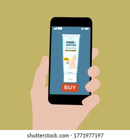 Smartphone with Hand sanitizer and buy button on the screen.  Contactless online purchase of goods using your phone.  Diseases prevention. Home deliVery.