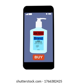 Smartphone with Hand sanitizer pump bottle and buy button on the screen.  Contactless online purchase of goods using your phone.  Diseases prevention. Home deliVery.