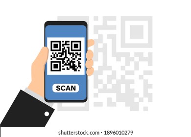 Smartphone in hand scan QR code. Qrcode, barcode on phone camera. Vector isolated flat illustration. 