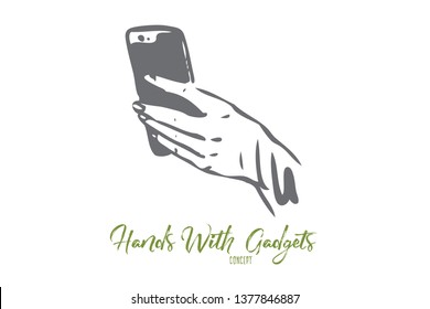 Smartphone, hand, screen, finger, mobile concept. Hand drawn mobile smartphone in human's hands concept sketch. Isolated vector illustration.