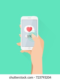 smartphone with hand send a heart flat design