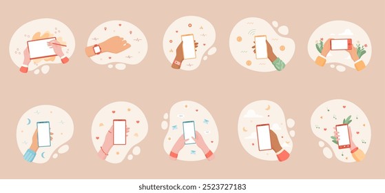 Smartphone in hand set, showcasing digital gestures and mobile application use in cartoon graphic style. Blank screen phone and online technology interactions, perfect for modern communication