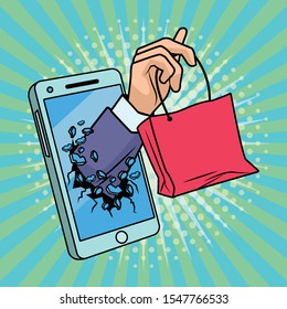 smartphone with hand and shopping bags pop art style vector illustration design